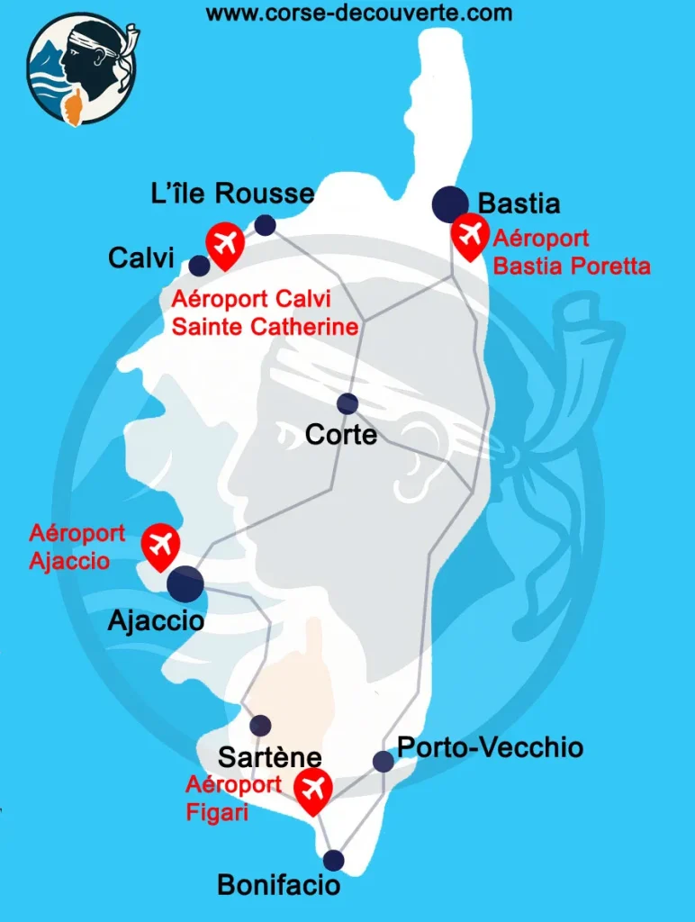 Carte des aéroports de Corse et principales villes